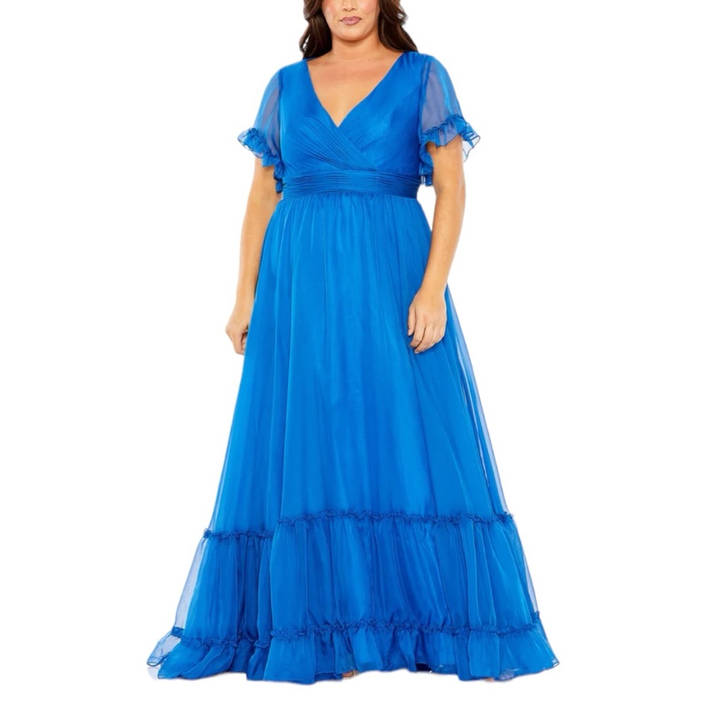 Mac Duggal Ocean Blue Chiffon Faux Wrap Flutter Sleeve Dress 68430 NEW